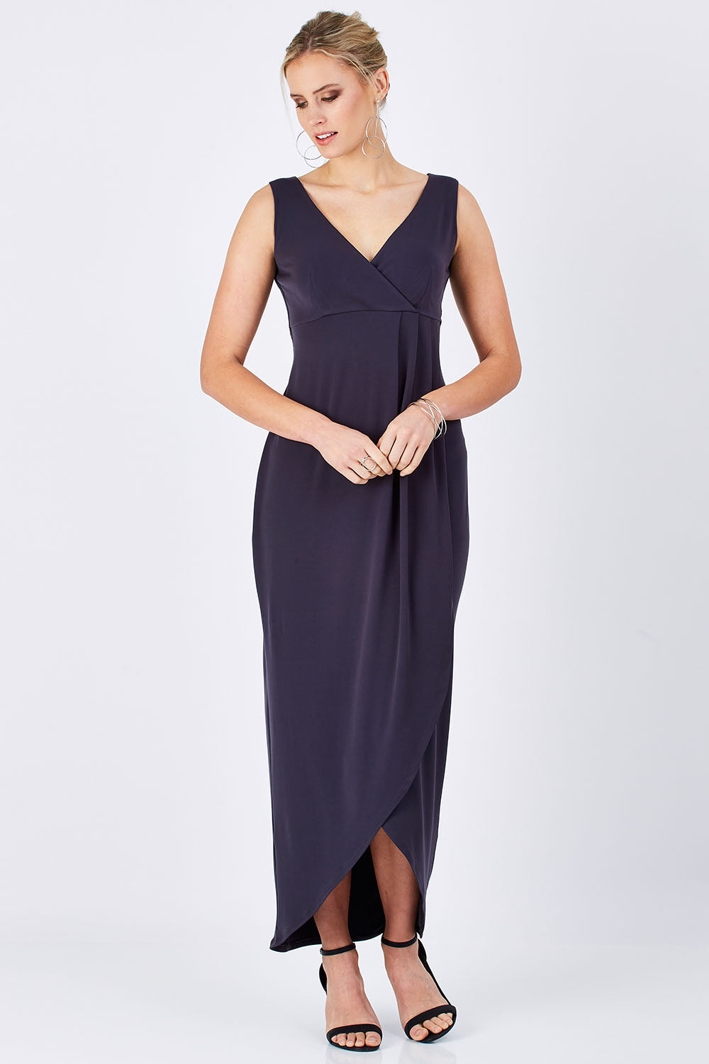 Model Maddy wearing size 10 of the Phillipa in colour Thunder (Grey), from the front, showing the whole outfit