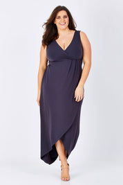 Model Mae wearing size 16 of the Phillipa in colour Thunder (Grey), from the front, showing the whole outfit