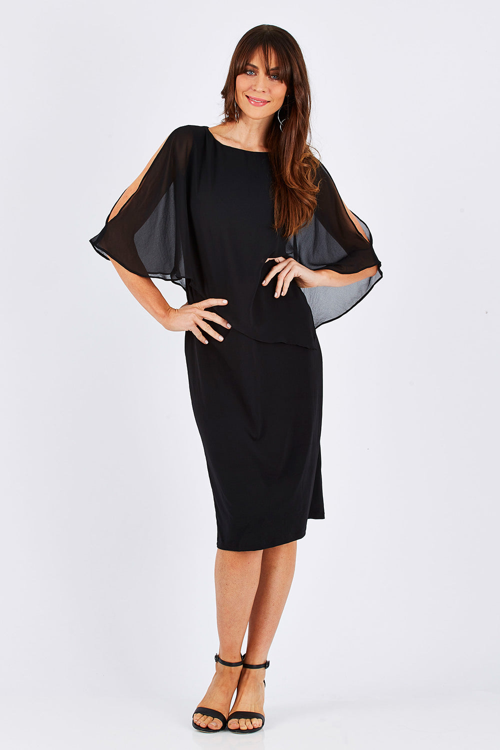 Model Monique wearing size 10 of the Cassi in colour Black (Black), from the front, showing the whole outfit