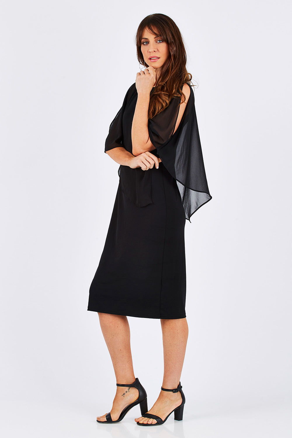 Model Monique wearing size 10 of the Cassi in colour Black (Black), from the front, showing the whole outfit