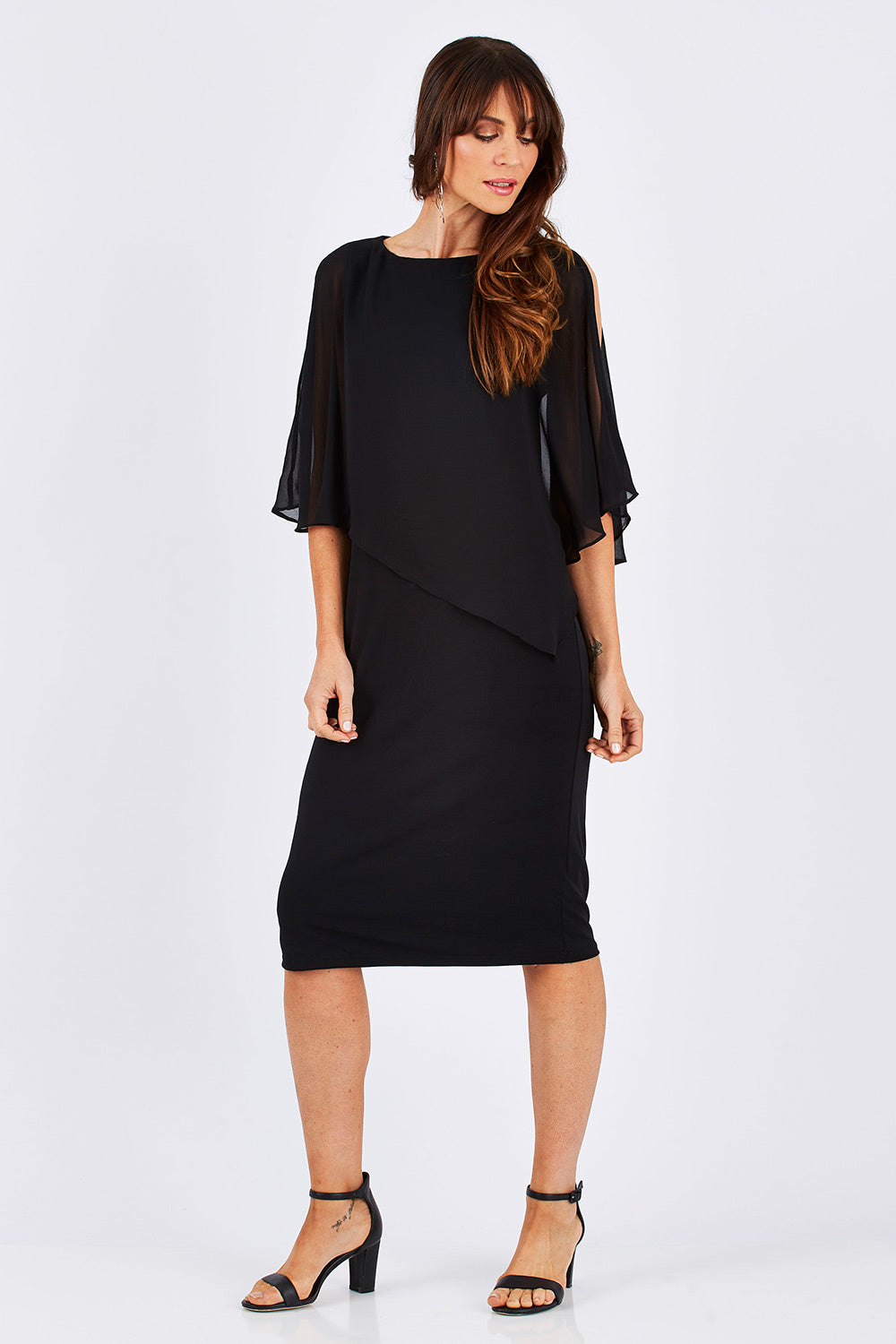 Model Monique wearing size 10 of the Cassi in colour Black (Black), from the front, showing the whole outfit