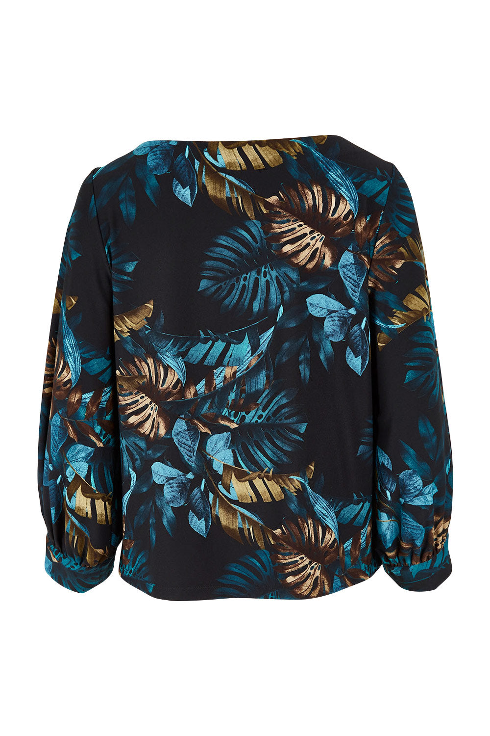 Product shot of the Tiarne Blouse in colour Jungle (Blue), from the back