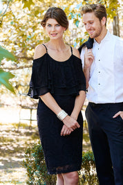 Model Annika wearing size 8 of the Suzette in colour black (Black), from the front, showing the whole outfit