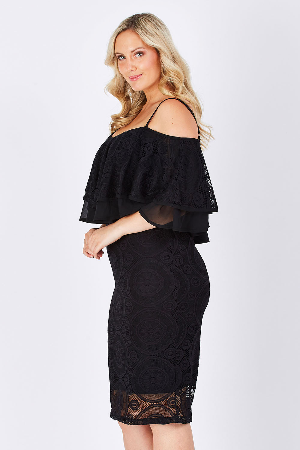 Model Jess wearing size 14 of the Suzette in colour black (Black), from the front, cropped image