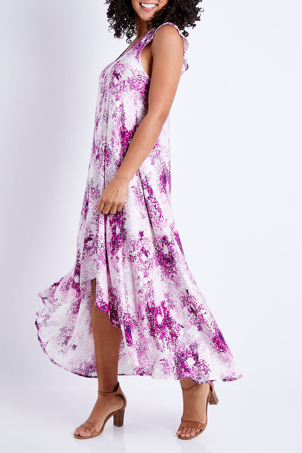 Model Pamela wearing size 10 of the Prue Dress in colour Jacaranda (Pink), from the front, cropped image