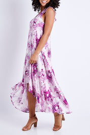 Model Pamela wearing size 10 of the Prue Dress in colour Jacaranda (Pink), from the front, cropped image