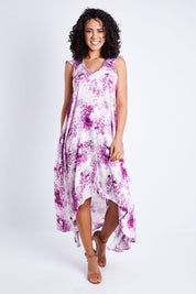 Model Pamela wearing size 10 of the Prue Dress in colour Jacaranda (Pink), from the front, showing the whole outfit