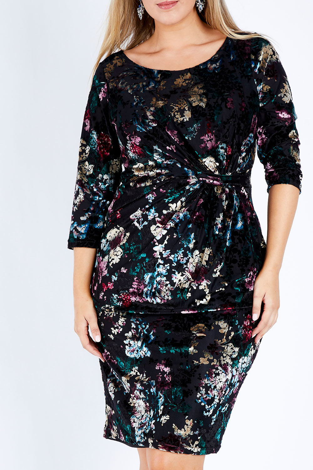 Model Jess wearing size 14 of the Janelle Dress in colour Moonstone (Black), from the front, cropped image