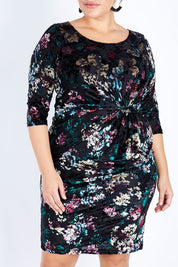 Model Jess wearing size 16 of the Janelle Dress in colour Moonstone (Black), from the front, cropped image