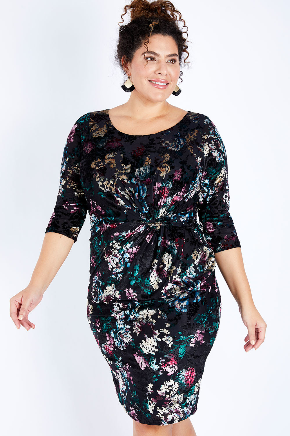 Model Jess wearing size 16 of the Janelle Dress in colour Moonstone (Black), from the front, cropped image