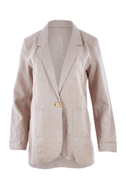 Product shot of the Cotton Linen Longline Blazer in colour Desertsand, from the front