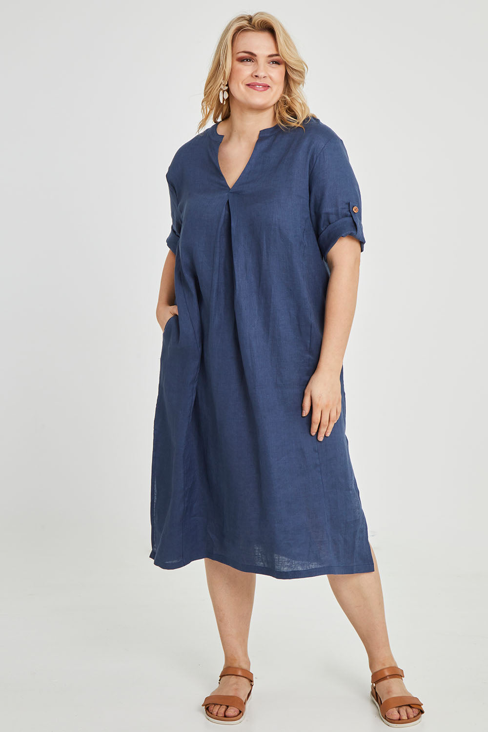 Model Keeara wearing size 16 of the Linen Summer Relaxed Dress in colour Blue (Blue), from the front, showing the whole outfit