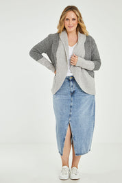Model Jess wearing size L of the Wool Cocoon Cardigan in colour Grey (Grey), from the front, showing the whole outfit