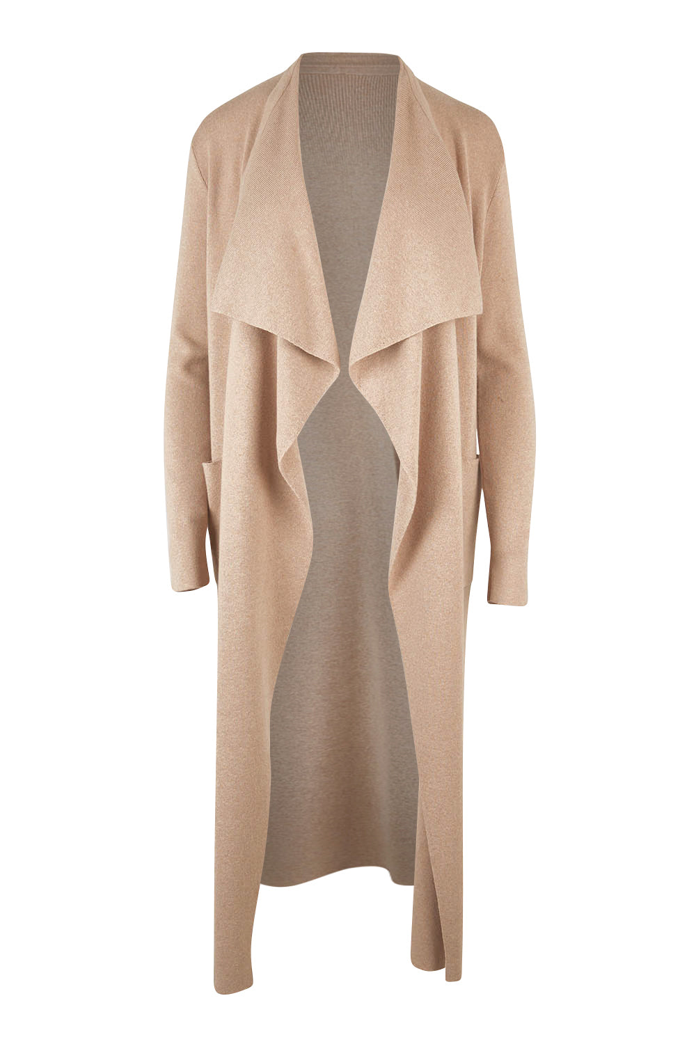 Product shot of the Cotton Cashmere Waterfall Cardigan in colour Lighttaupe, from the front