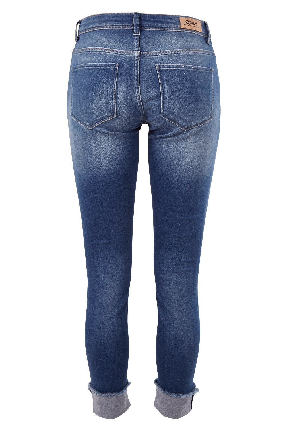 Product shot of the Carmen Raw Edge Ankle Jean in colour MediumBlue (Blue), from the back