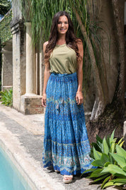A model wearing the Maxime Organic Cotton Crinkle Skirt in colour Print (Blue), from the front, showing the whole outfit