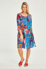 Model Kelly wearing size 10 of the Organic Cotton 3/4 Sleeve Dress in colour Marared (Blue), from the front, showing the whole outfit