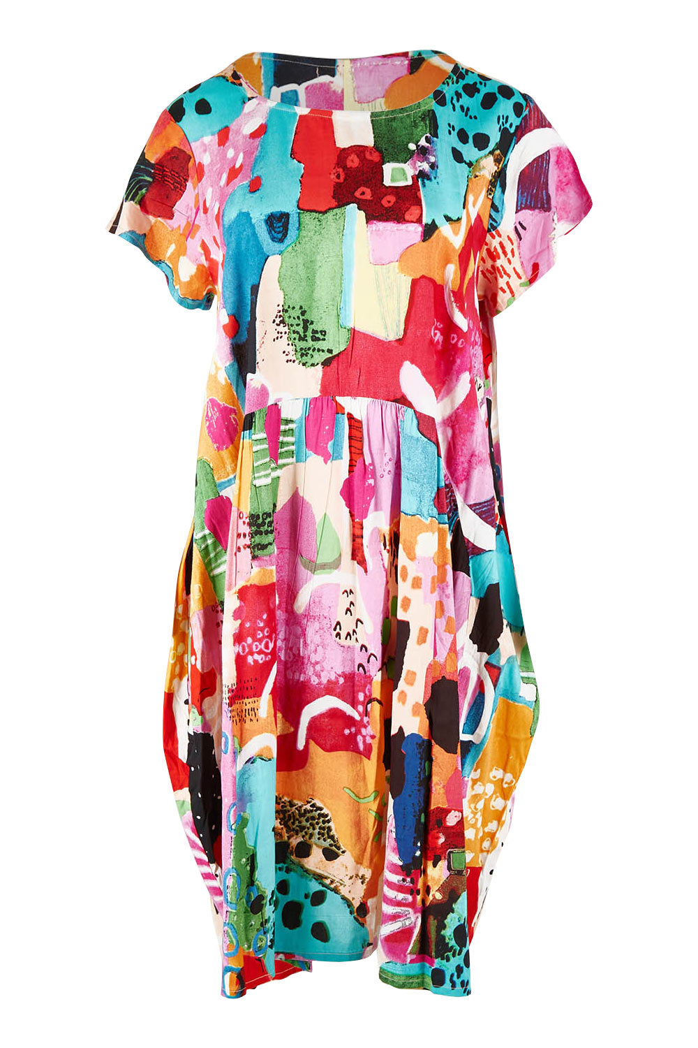 Product shot of the Alanya Short Sleeve Bubble Dress in colour Pink (Pink), from the front