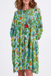 Model Emma wearing size 10 of the El Paso Boho Dress in colour Print (Blue), from the front, cropped image