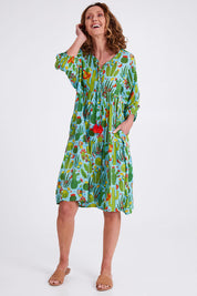 Model Emma wearing size 10 of the El Paso Boho Dress in colour Print (Blue), from the front, showing the whole outfit
