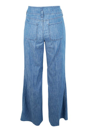 Product shot of the Higher Rise Teresa Wide Leg in colour Everly (Blue), from the back