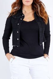 Model Laura wearing size M of the Denim Jacket in colour Black (Black), from the front, cropped image