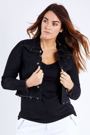 Model Laura wearing size M of the Denim Jacket in colour Black (Black), from the front, cropped image