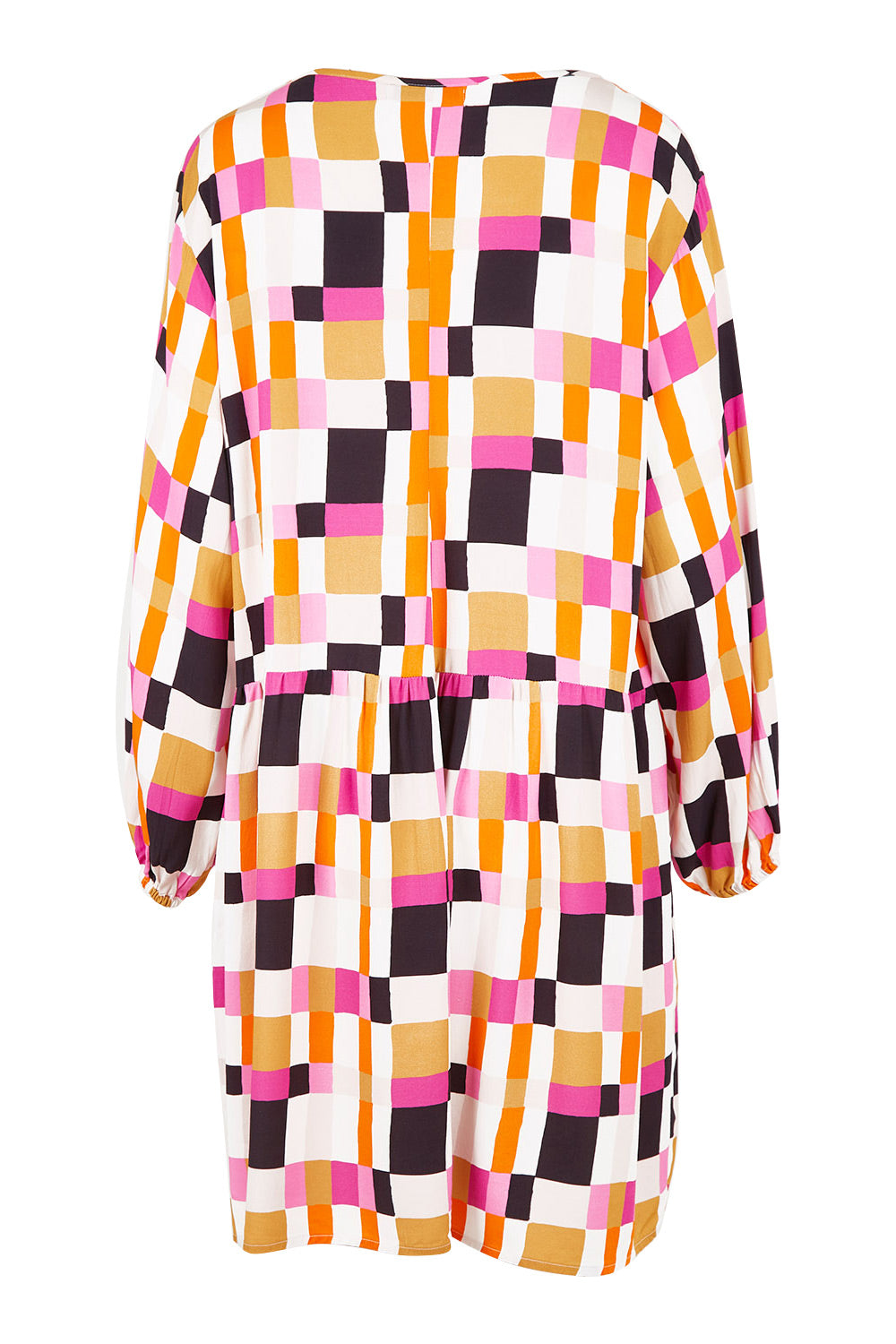 Product shot of the Sunset Gingham Tie Front Midi Dress in colour Gingham (Pink), from the back