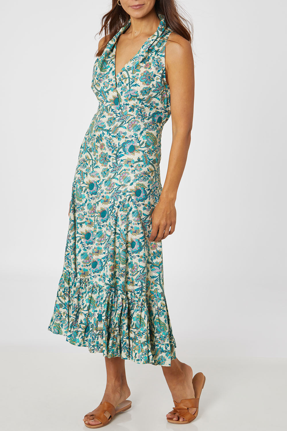 Model Cara wearing the Polly Cotton Dress in colour Siena (Blue), from the front, cropped image
