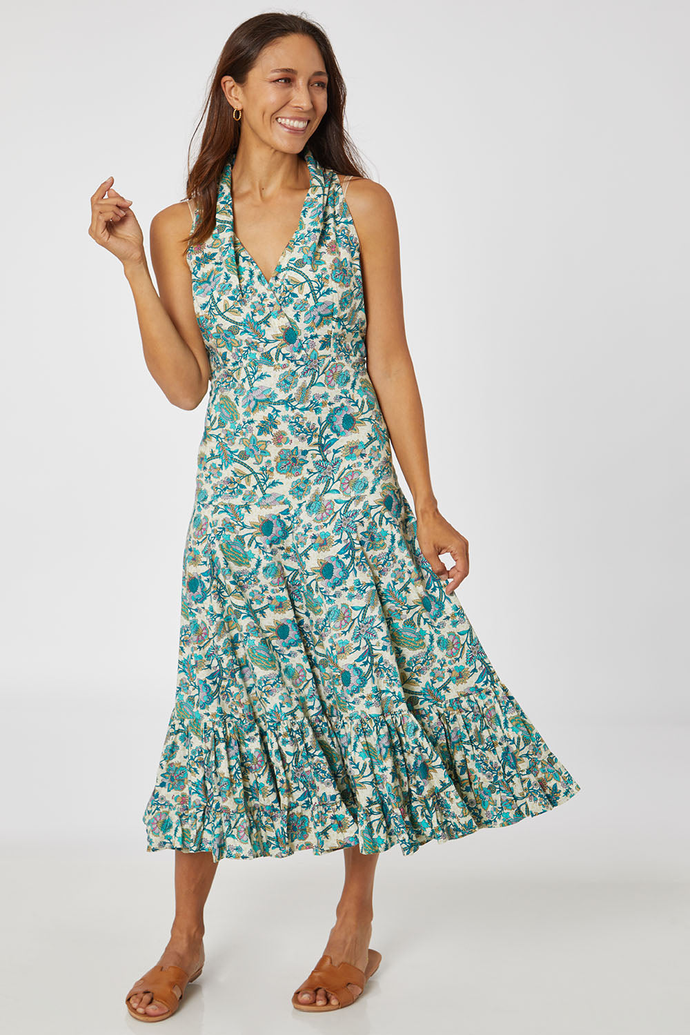 Model Cara wearing the Polly Cotton Dress in colour Siena (Blue), from the front, showing the whole outfit