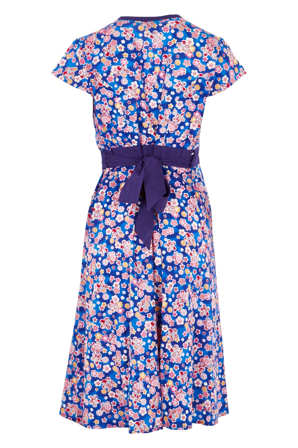 Product shot of the Leela Cotton Wrap Dress in colour Sakura (Blue), from the back