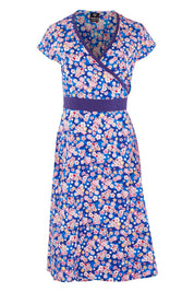 Product shot of the Leela Cotton Wrap Dress in colour Sakura (Blue), from the front