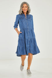 Model Luisa wearing size 10 of the Aubree Dress in colour Blue (Blue), from the front, showing the whole outfit