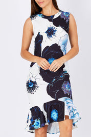 Model Anna wearing size 10 of the Pina Colada Print Dress in colour Print (Black), from the front, cropped image