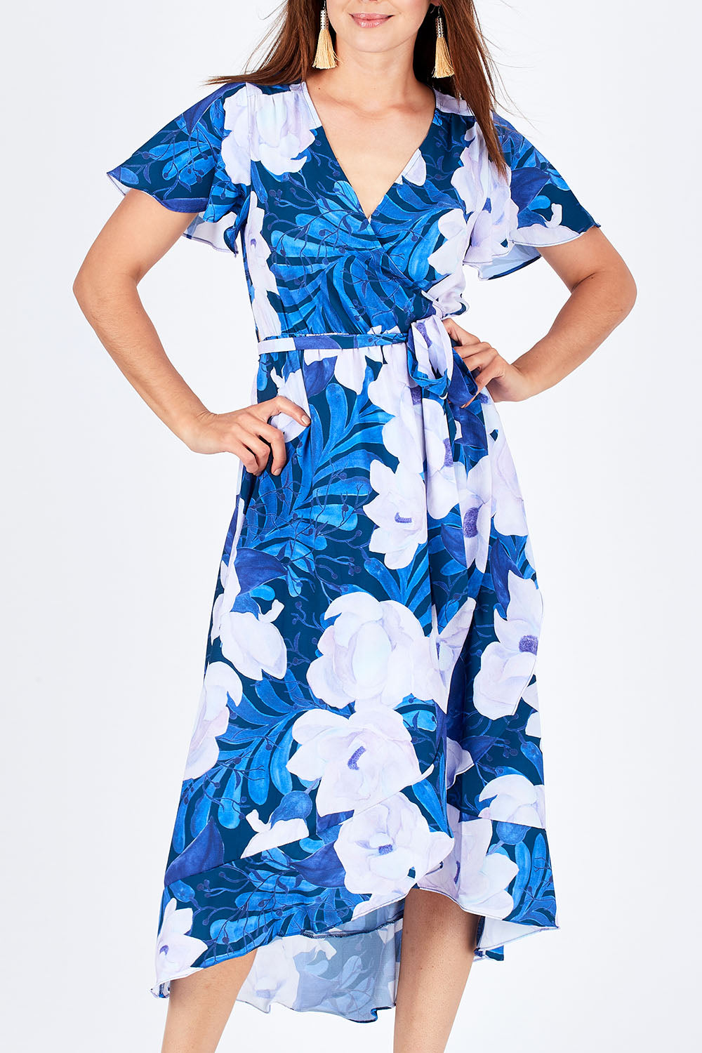 Model Rebecca wearing size 10 of the Adoria Dress in colour NavyWhite (Blue), from the front, cropped image