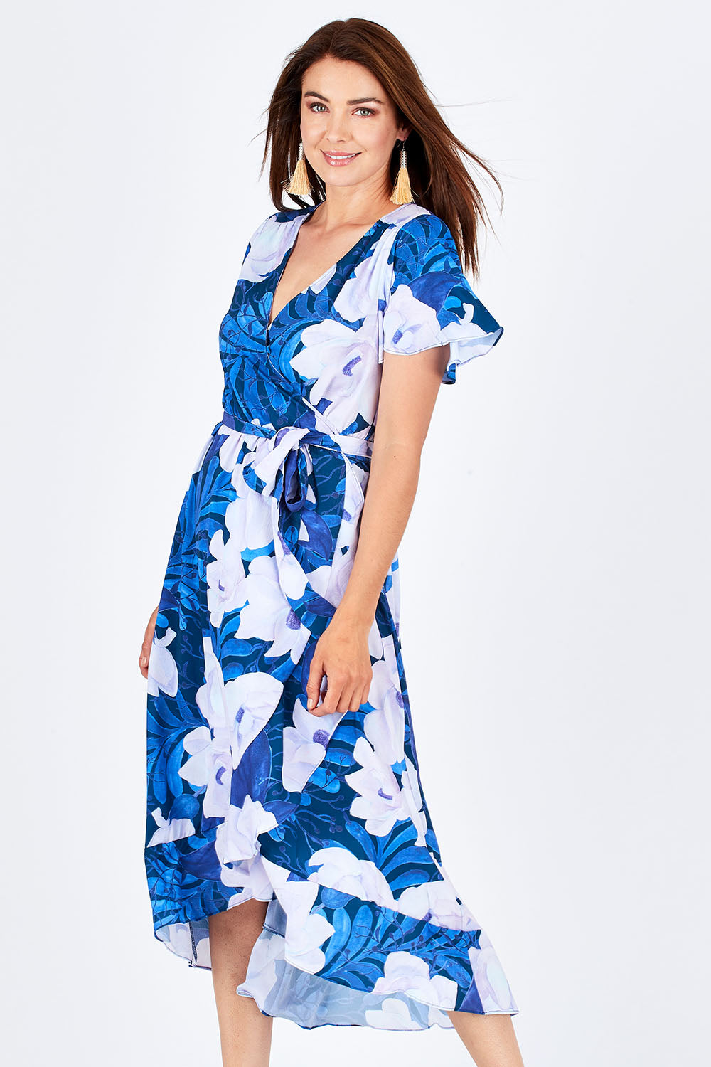 Model Rebecca wearing size 10 of the Adoria Dress in colour NavyWhite (Blue), from the front, cropped image