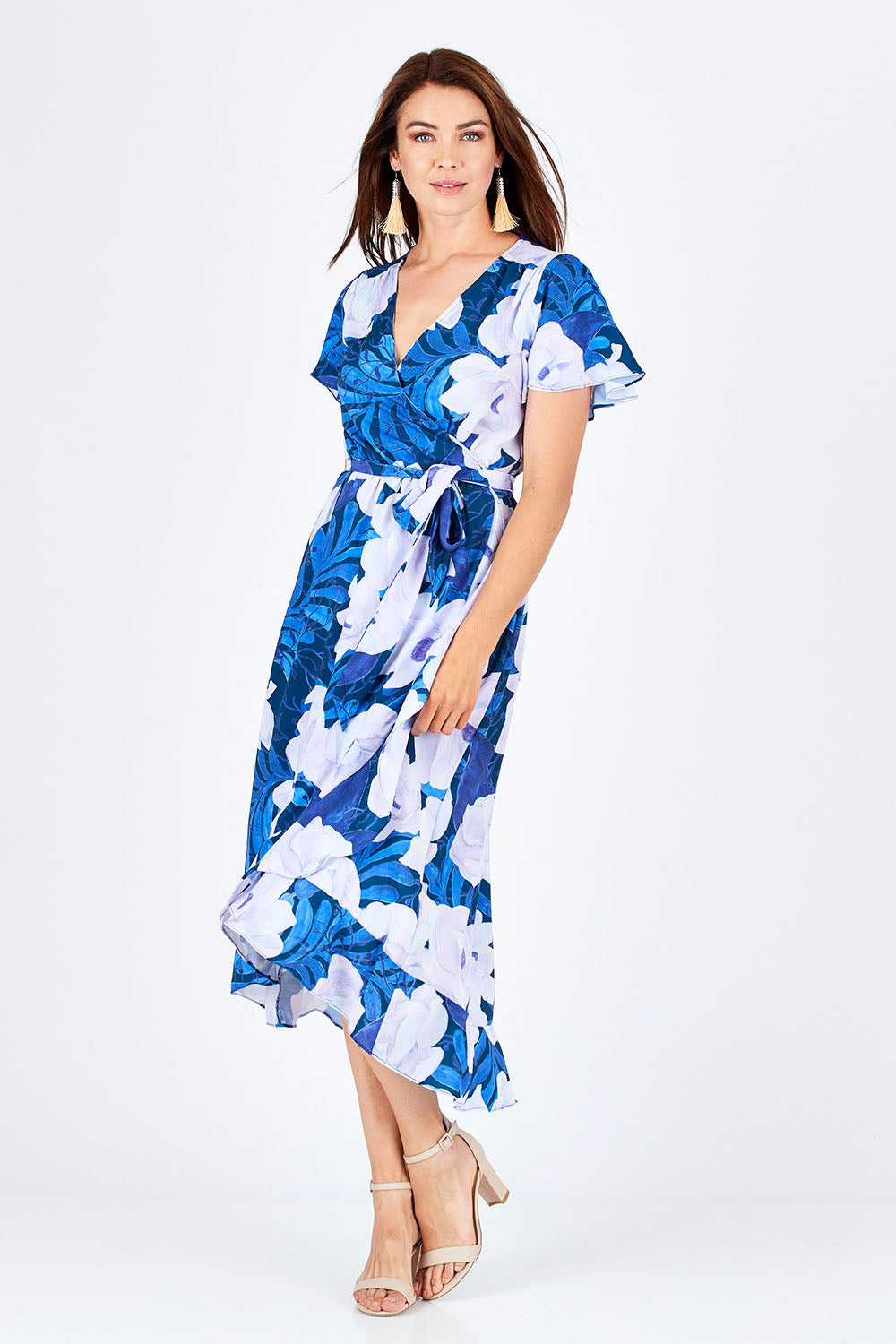 Model Rebecca wearing size 10 of the Adoria Dress in colour NavyWhite (Blue), from the front, showing the whole outfit