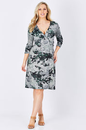 Model Jess wearing size M of the Betty Wrap Dress in colour Print (Black), from the front, showing the whole outfit