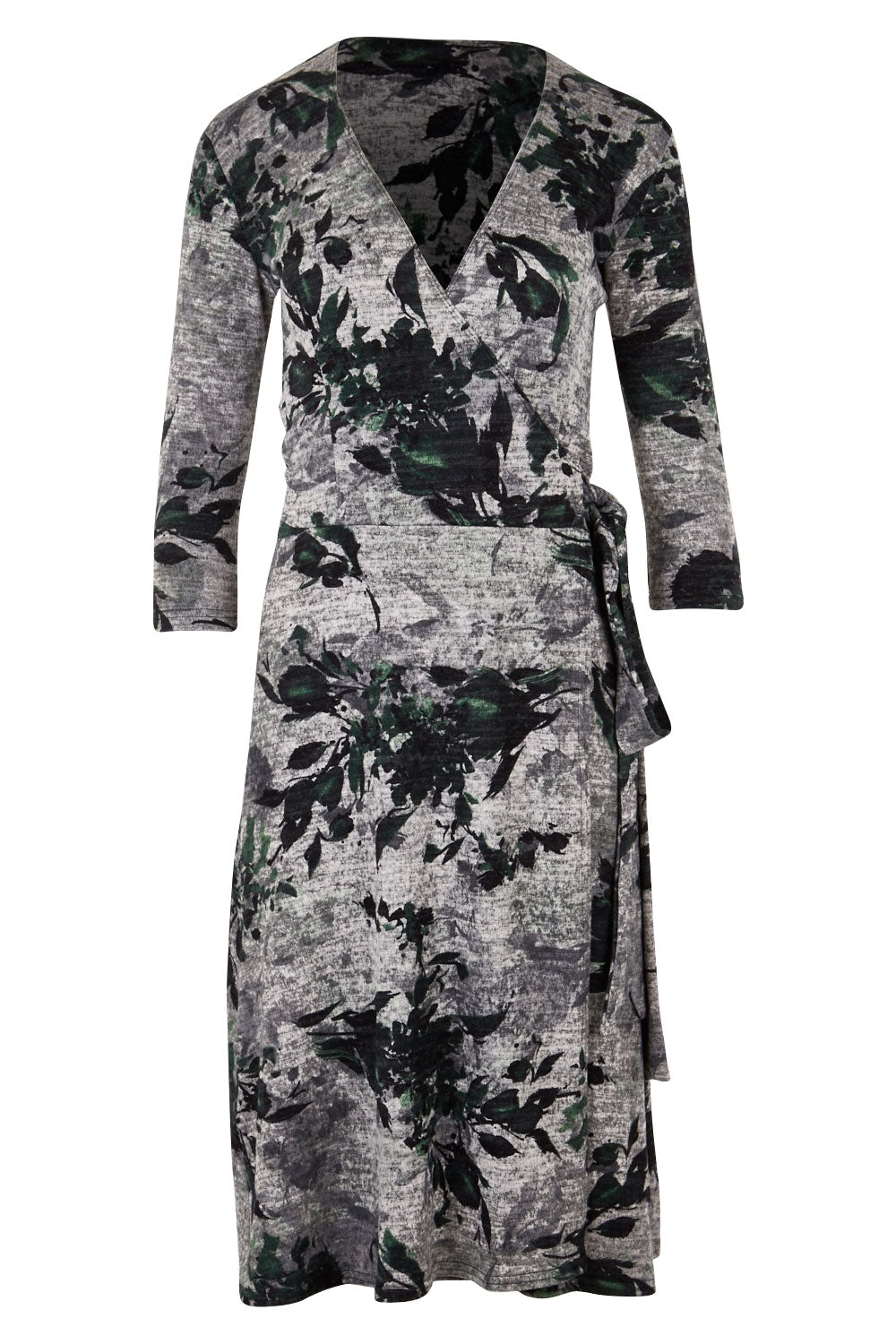 Product shot of the Betty Wrap Dress in colour Print (Black), from the front