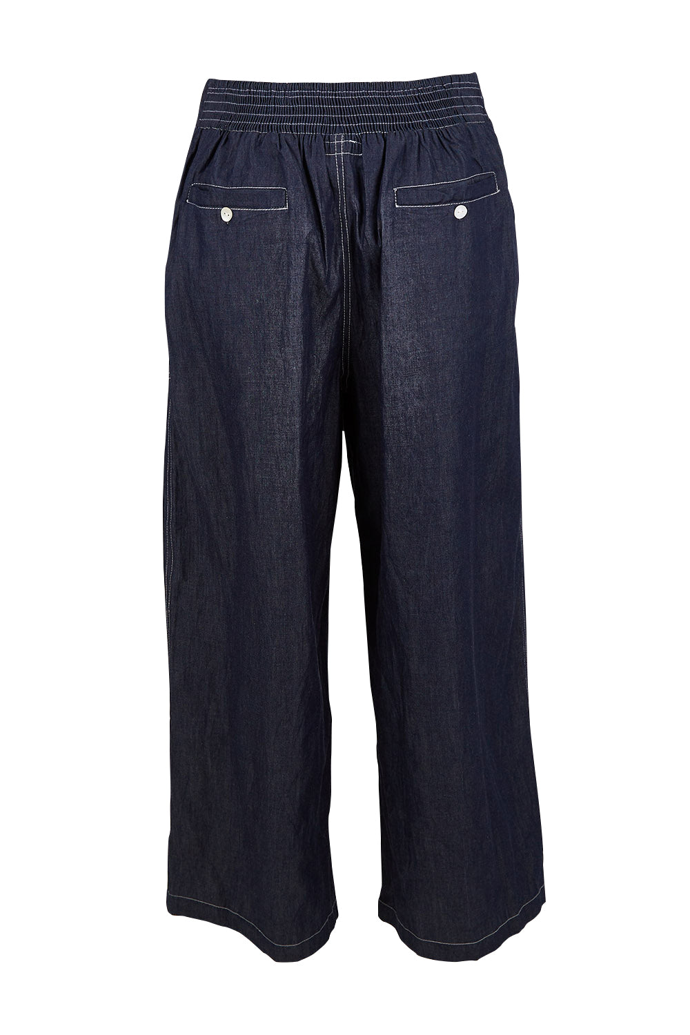 Product shot of the Pula Pant in colour Denim (Blue), from the back