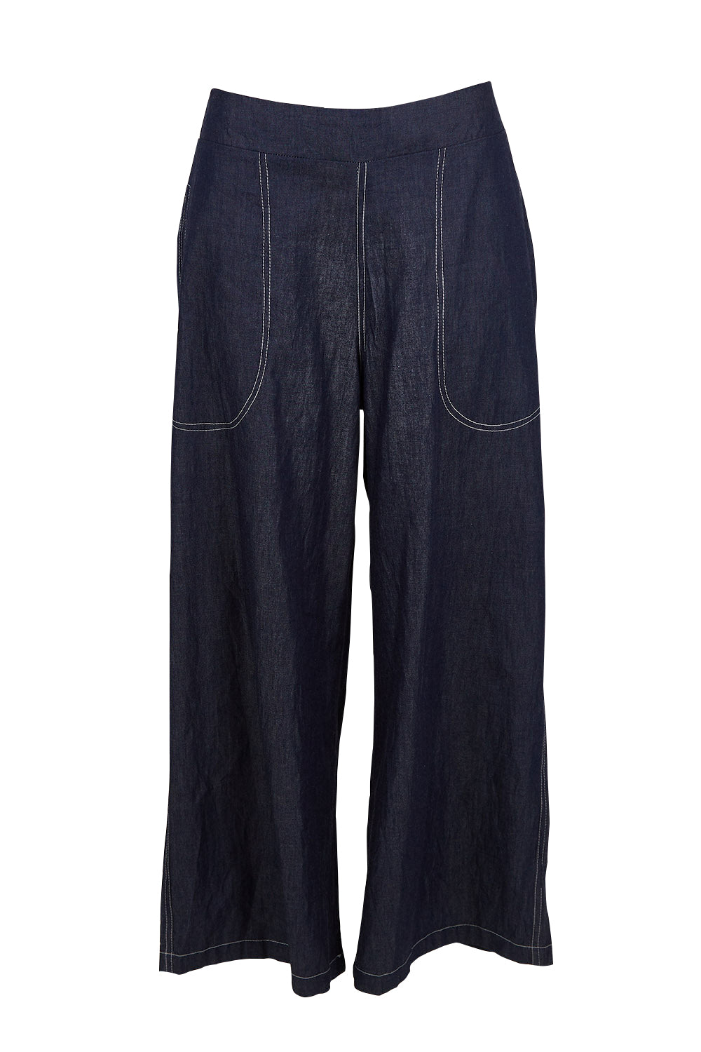 Product shot of the Pula Pant in colour Denim (Blue), from the front