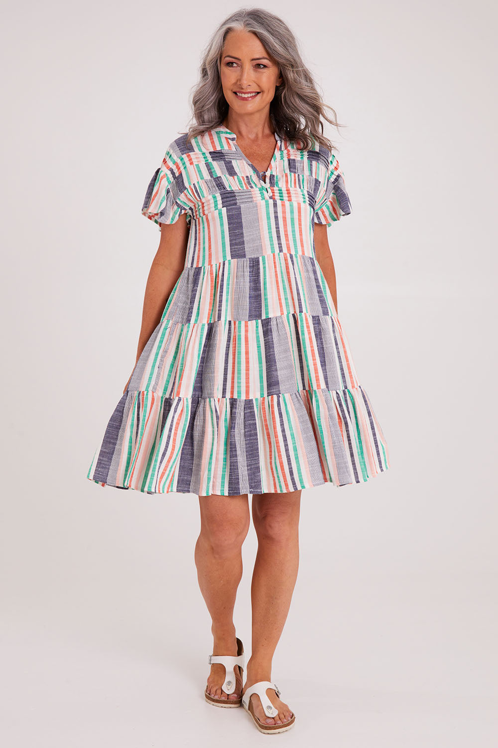 Model Luisa wearing size S of the Sway Dress in colour Multi (Blue), from the front, showing the whole outfit