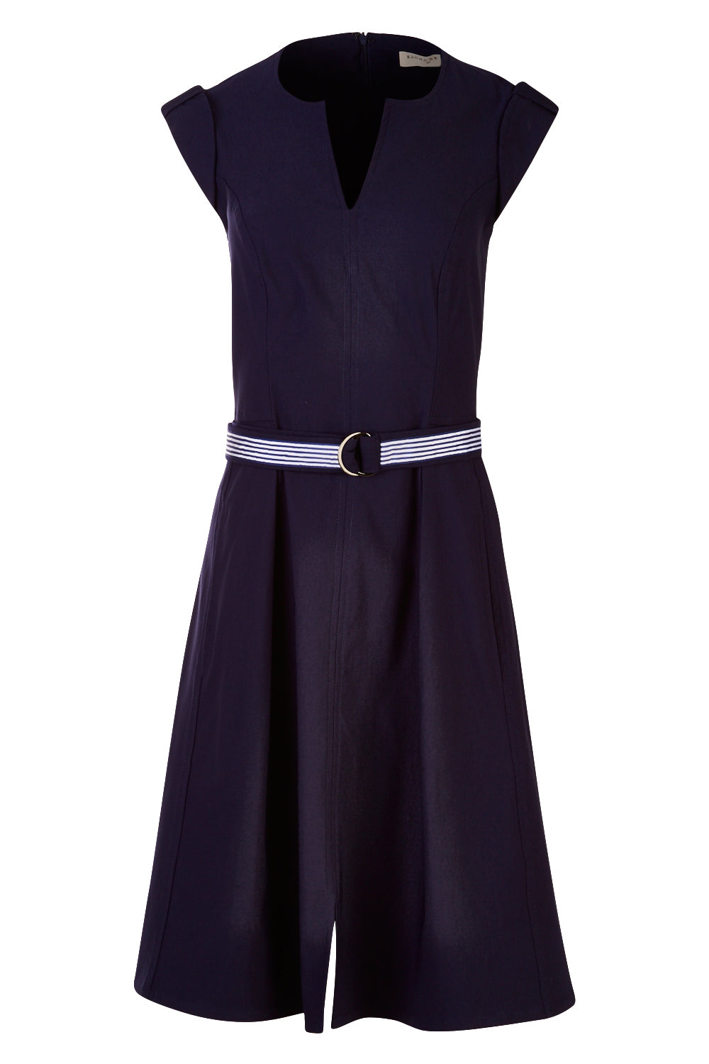 Product shot of the Fit & Flare Belted Dress in colour Navy (Blue), from the front