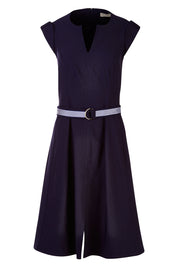 Product shot of the Fit & Flare Belted Dress in colour Navy (Blue), from the front