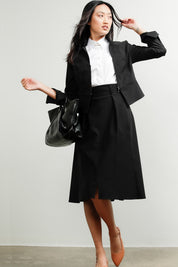A model wearing the Front Zip Peplum Jacket in colour Black (Black), from the front, showing the whole outfit
