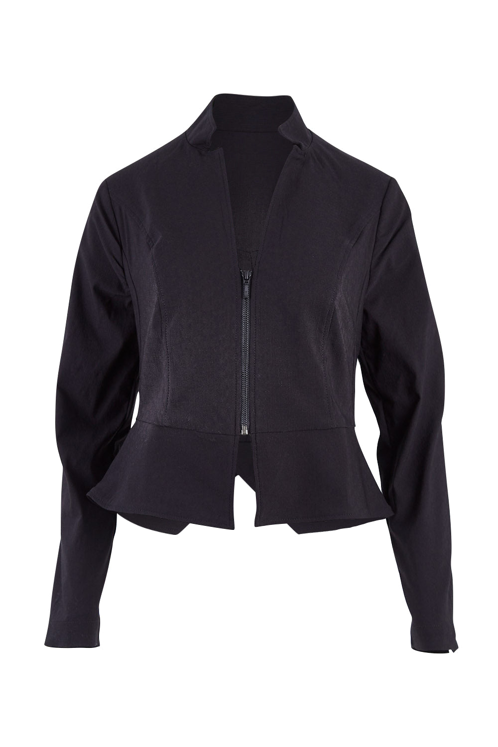 Product shot of the Front Zip Peplum Jacket in colour Black (Black), from the front