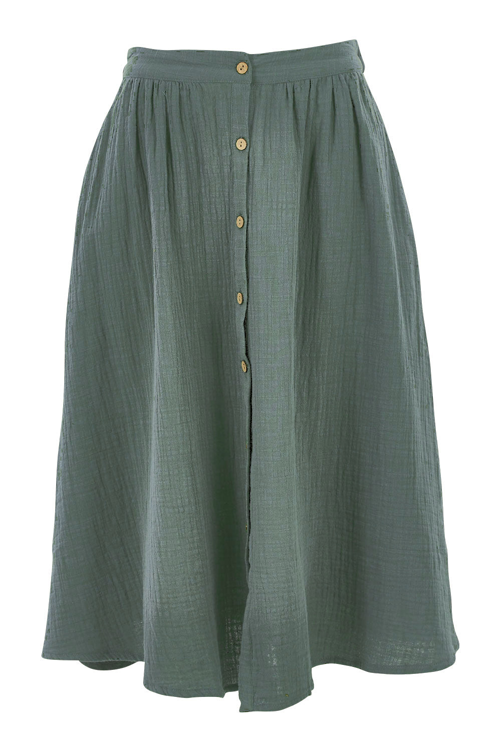 Product shot of the Lost Dreams Buttoned Skirt in colour Forest (Green), from the front