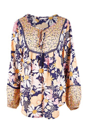 Product shot of the Montana Boho Blouse in colour Navyfloral (Blue), from the front