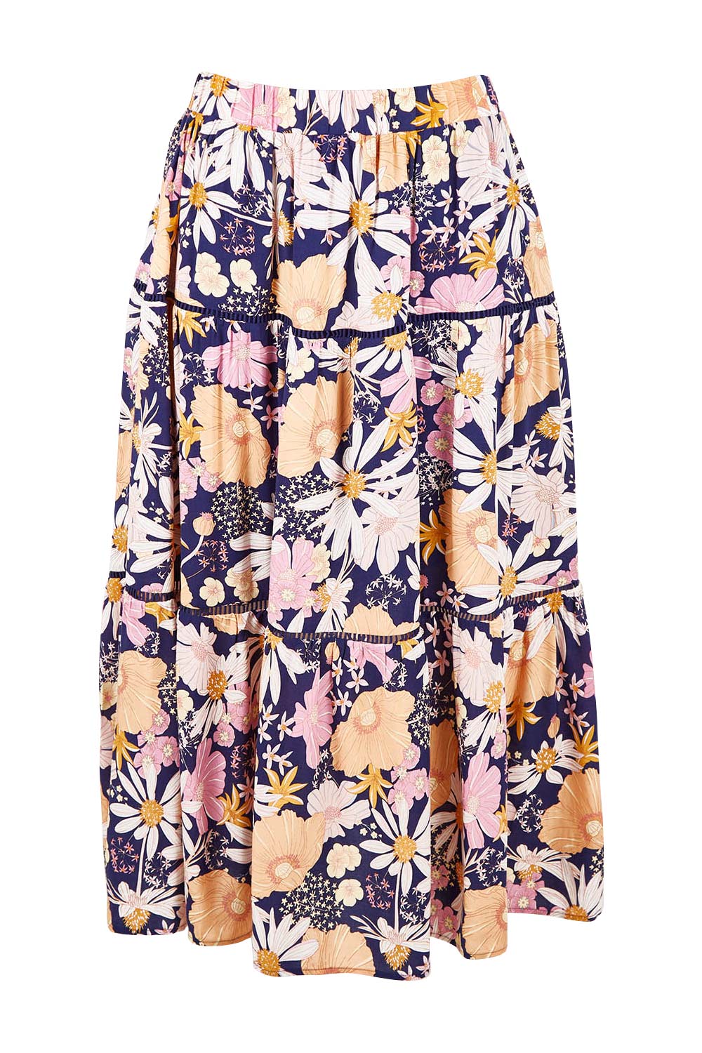 Product shot of the Montana Tiered Skirt in colour Navyfloral (Blue), from the back