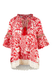 Product shot of the Maroubra Beach Cotton Blouse in colour Red (Red), from the front